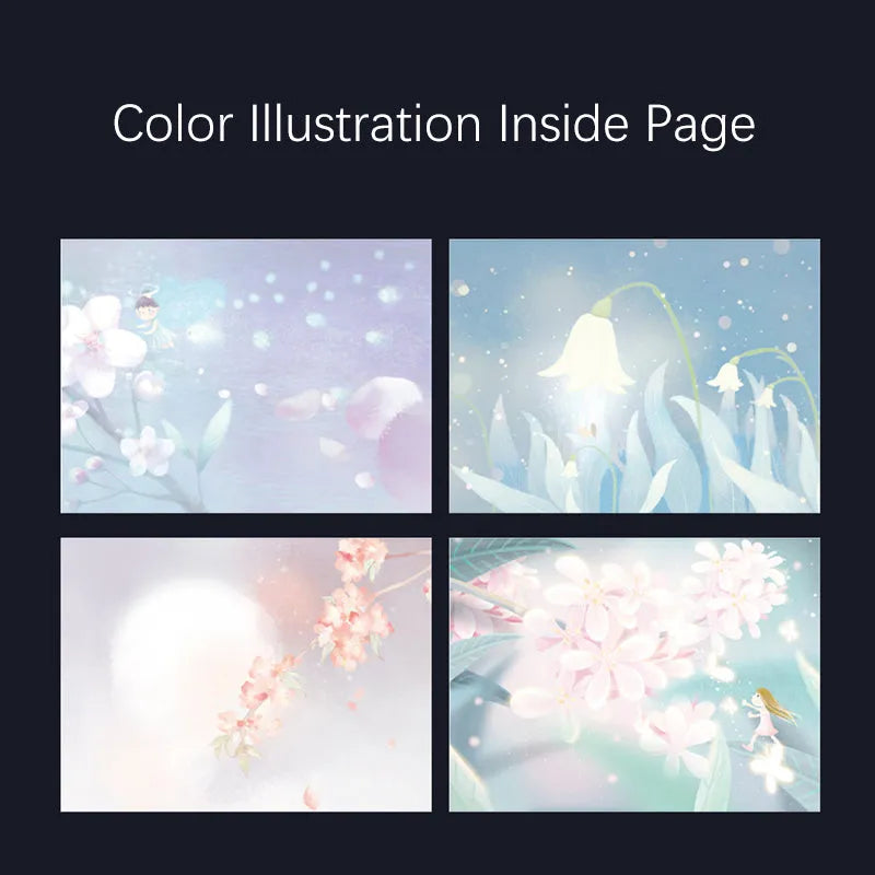 A5 spiral-bound notebook with a luminous coloured cover, open to show lined pages with colour illustrations.