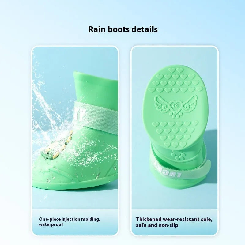 Pack of four silicone waterproof dog booties with non-slip sole in multiple colours on white background
