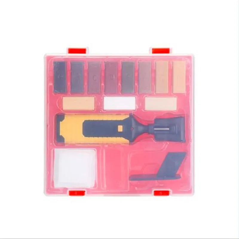 Floor repair tool kit with plastic handles and wax sticks for tile restoration