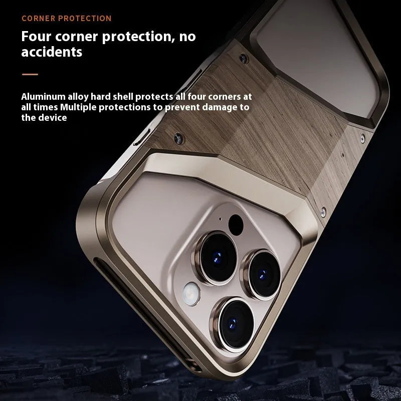 Desert gold wooden aluminium alloy phone case for iPhone 15 and 16 with CNC finish