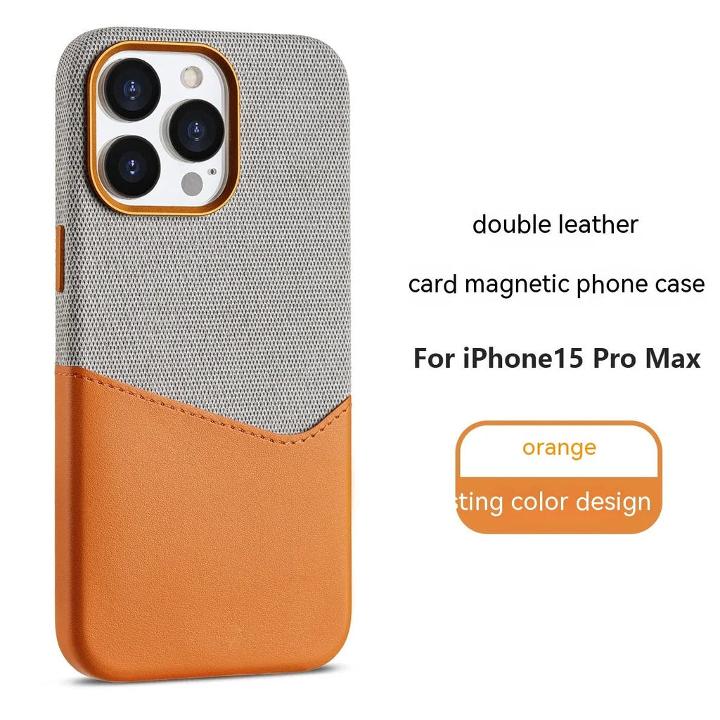 Imitation leather phone case with magnetic card slot, available in black, brown, pink and orange for iPhone 12-15 series.