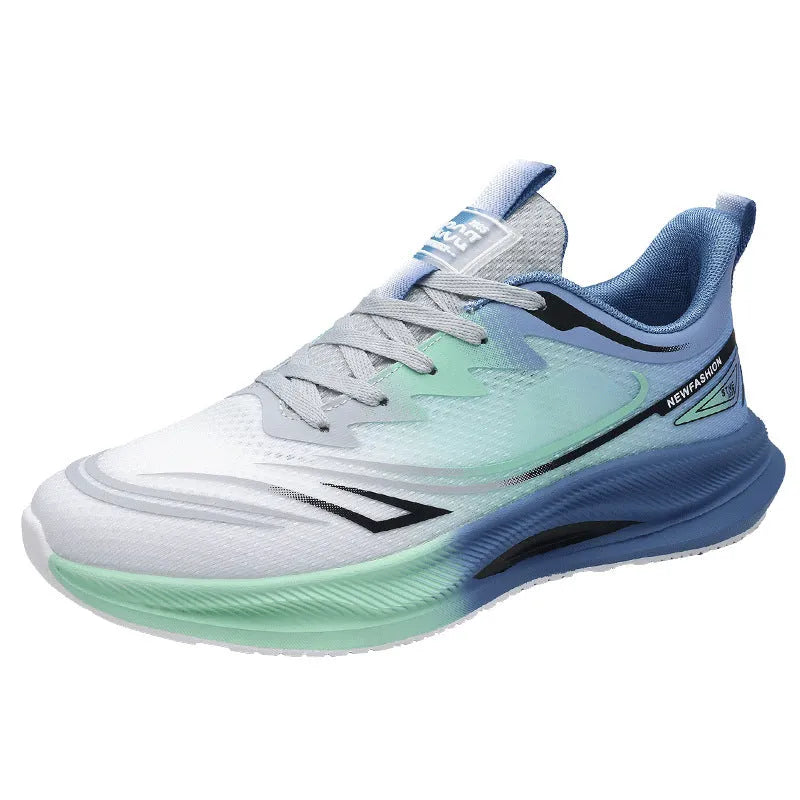 Men's Fly Woven Mesh casual shoes in grey and green, showing low-top design and rubber sole.