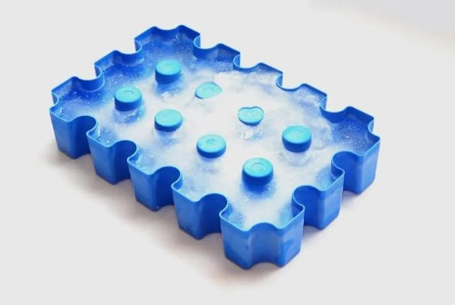 Blue plastic reusable ice block maker tray for outdoor coolers and camping.