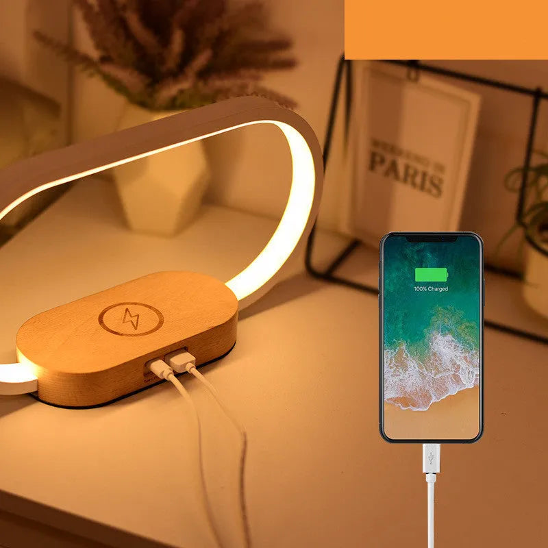Wooden clock bedside table lamp with touch switch, USB power, wood and aluminium body, WR02 wood grain colour
