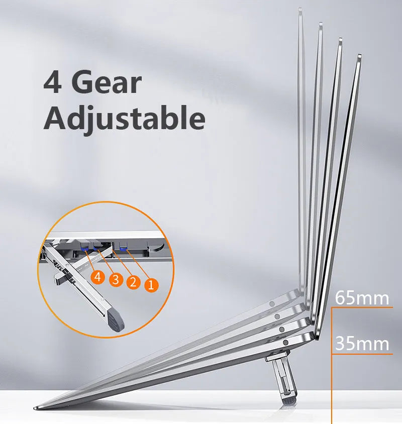 Aluminium alloy adjustable laptop cooling stand in silver or dark grey on a desktop