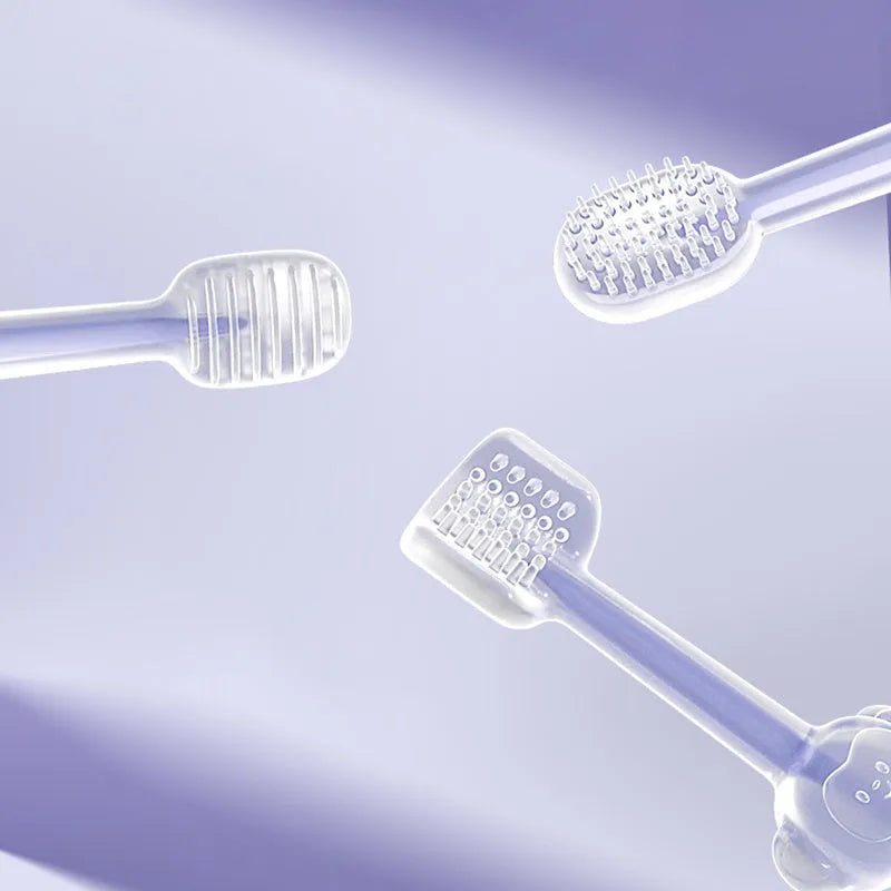 Purple silicone pet toothbrush with long handle for dog and cat dental cleaning