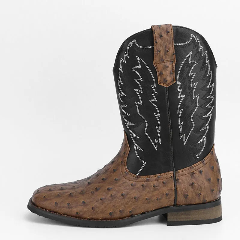 Men's black western denim square toe motorcycle boots with embroidery on a low wedge heel