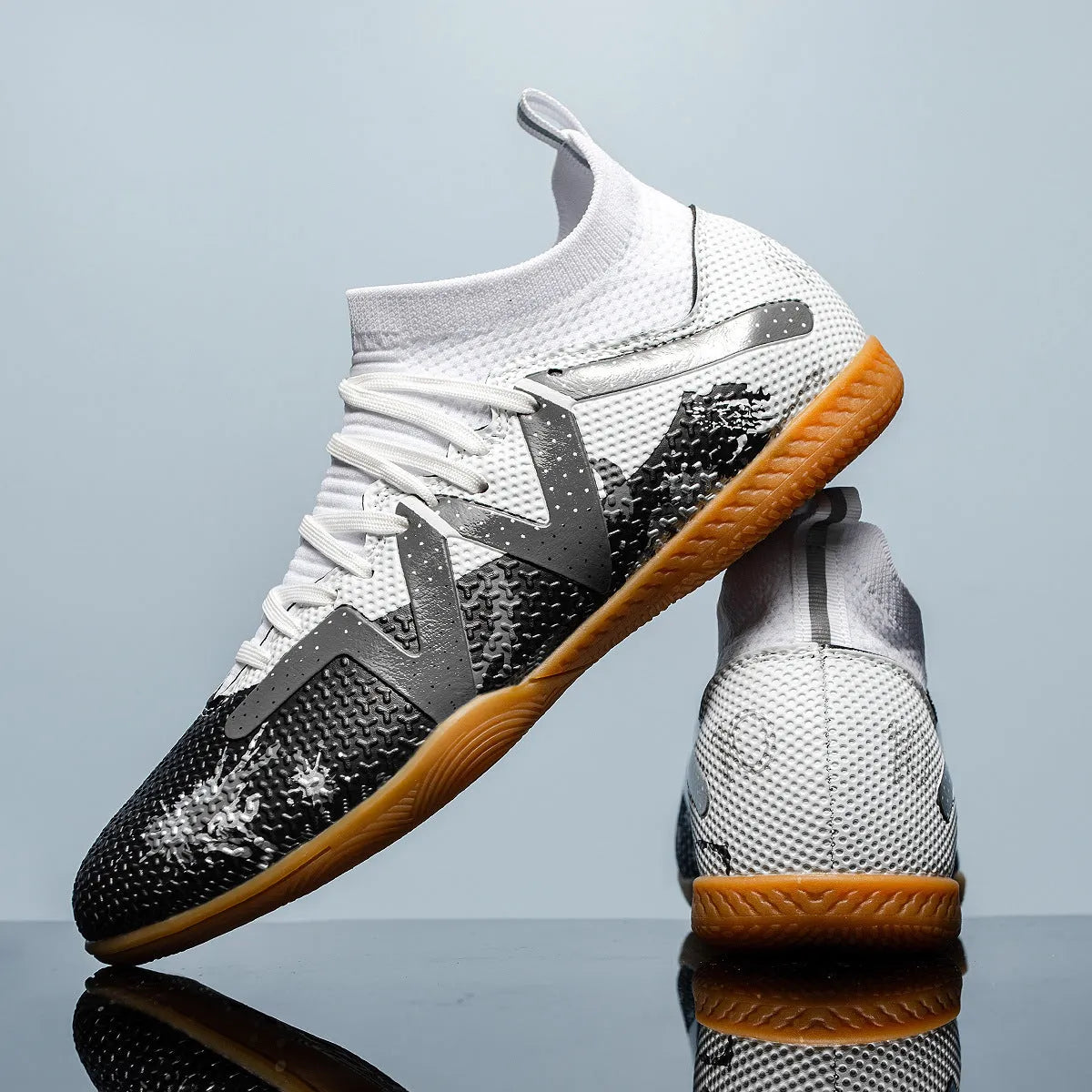 Football flat shoes with Velcro fastening and gammon leather upper in white and black, side view