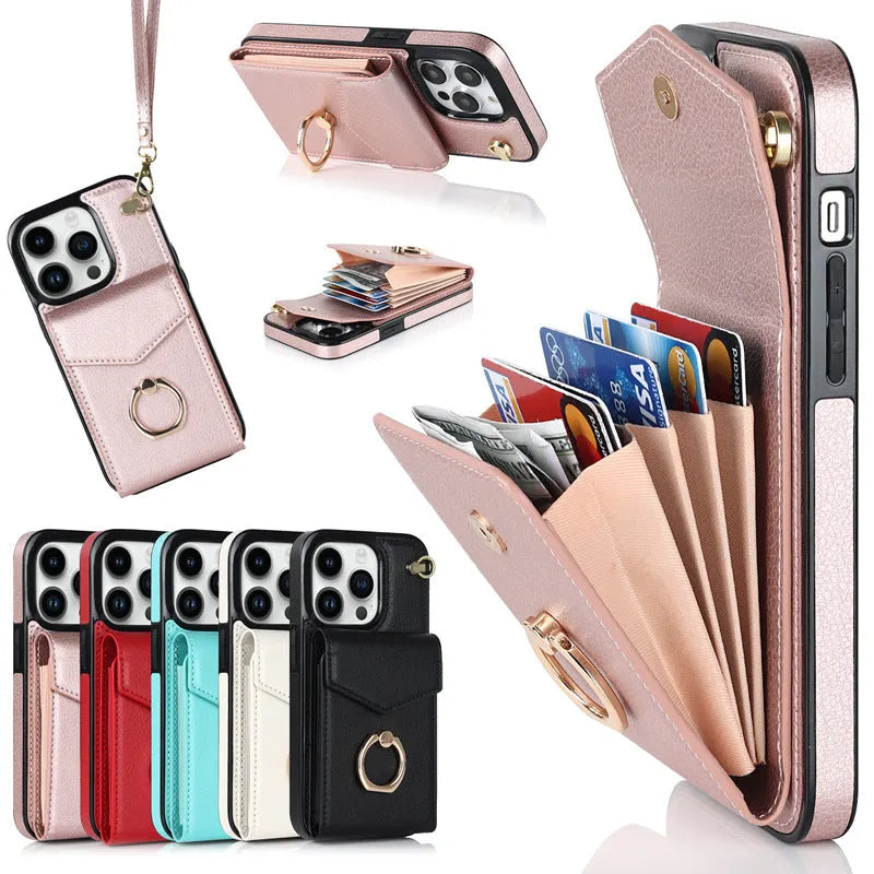 Handmade PU leather wallet phone case with card slot and kickstand in Black for Apple iPhone
