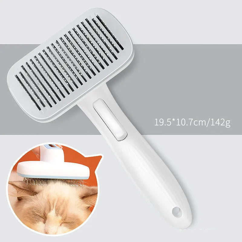 Automatic pet hair removal comb for dogs and cats in blue, grey, green, or pink.