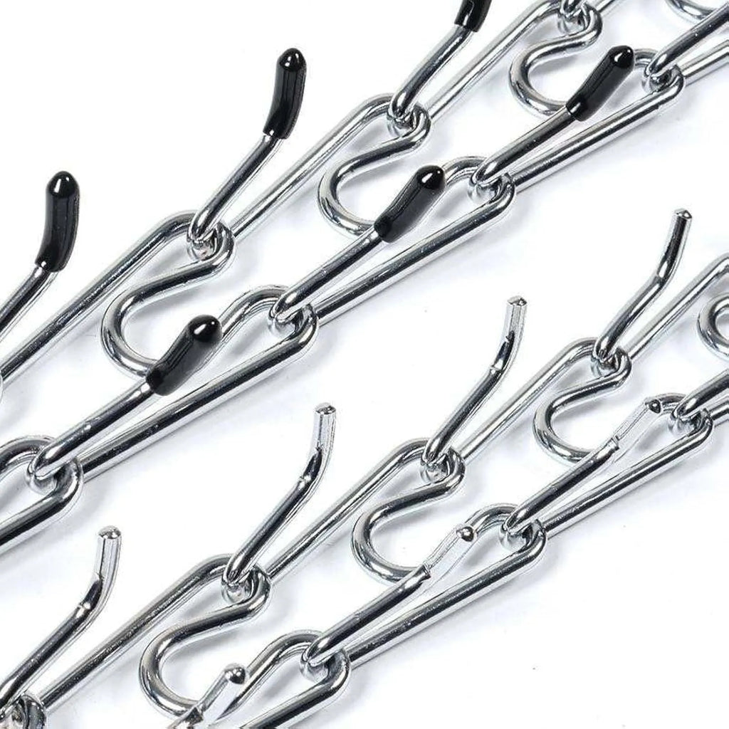 Stainless steel adjustable dog prong collar with black rubber comfort tips shown in various sizes.