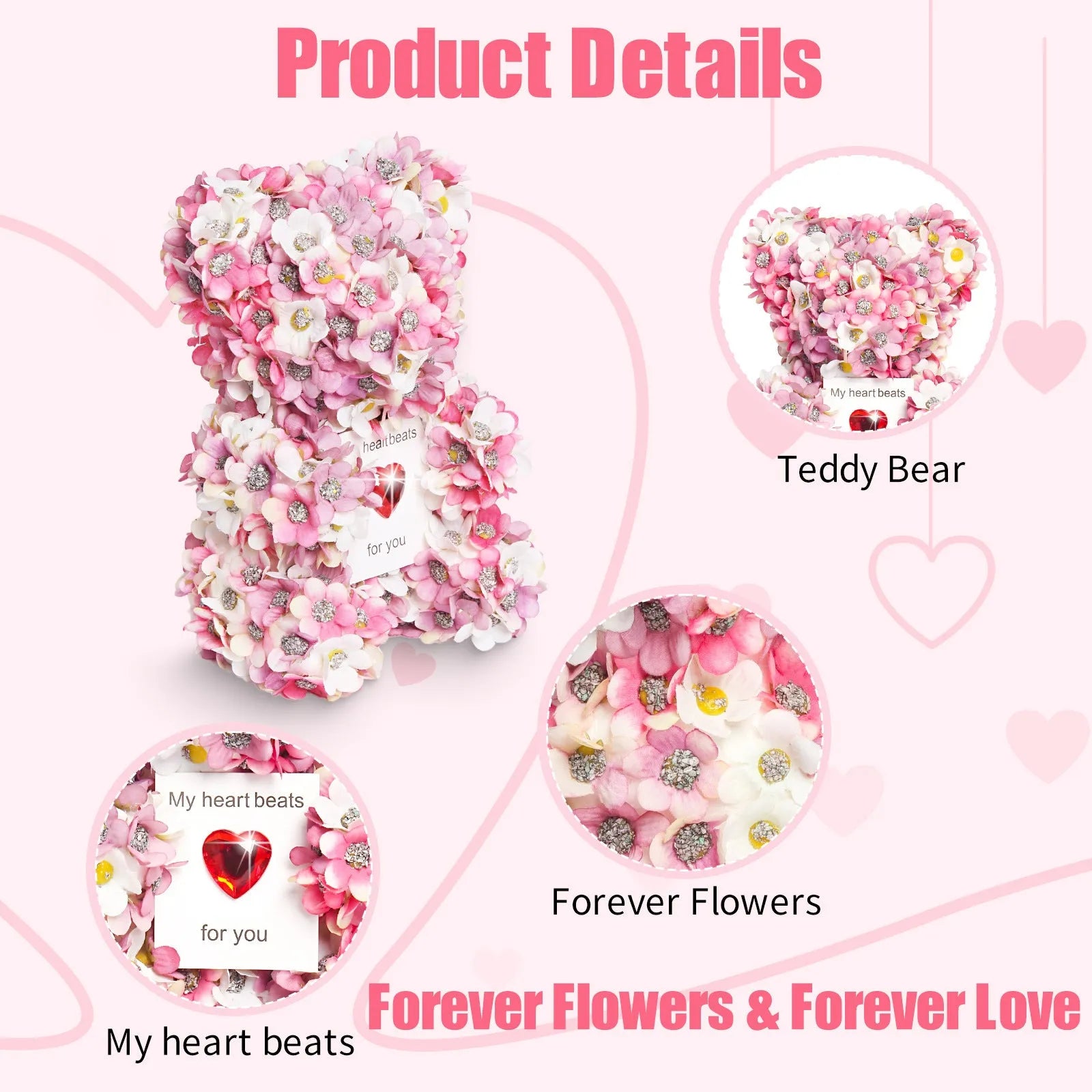 Pink artificial rose bear handmade from polyester and foam, 17 cm tall, displayed as Valentine's ornament