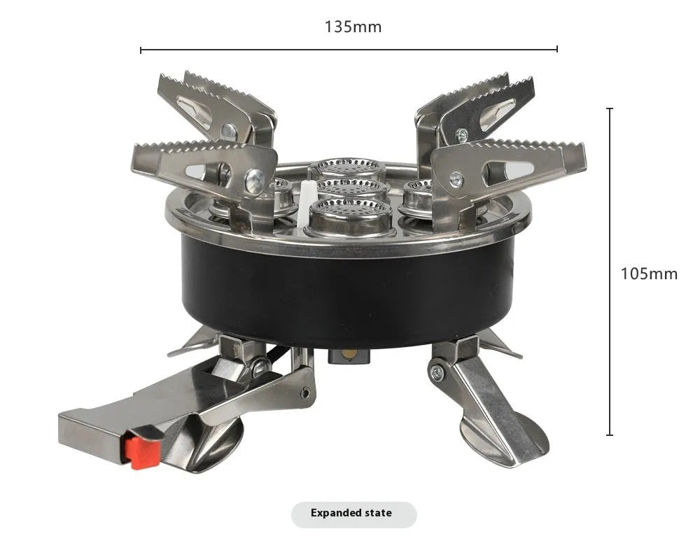 Silver portable split camping stove with fuel hose, shown folded to compact size for transport.