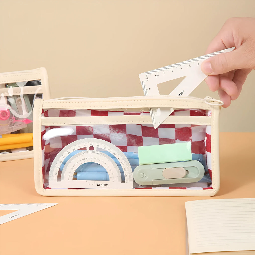 Clear PVC pencil case with chessboard pattern showing pens inside