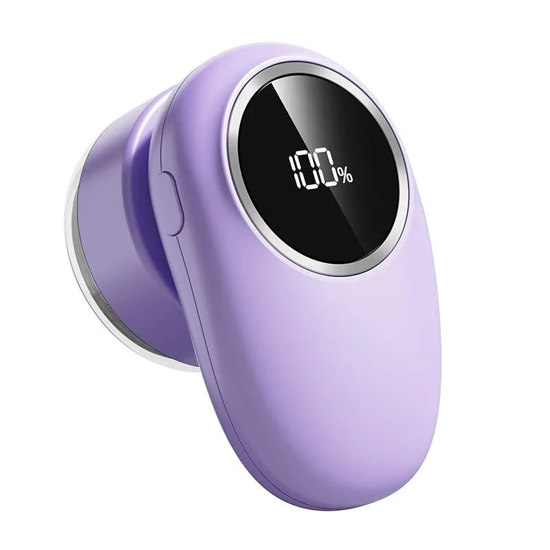 Beige and purple electric fur ball trimmer with digital display and multiple cutter head options.