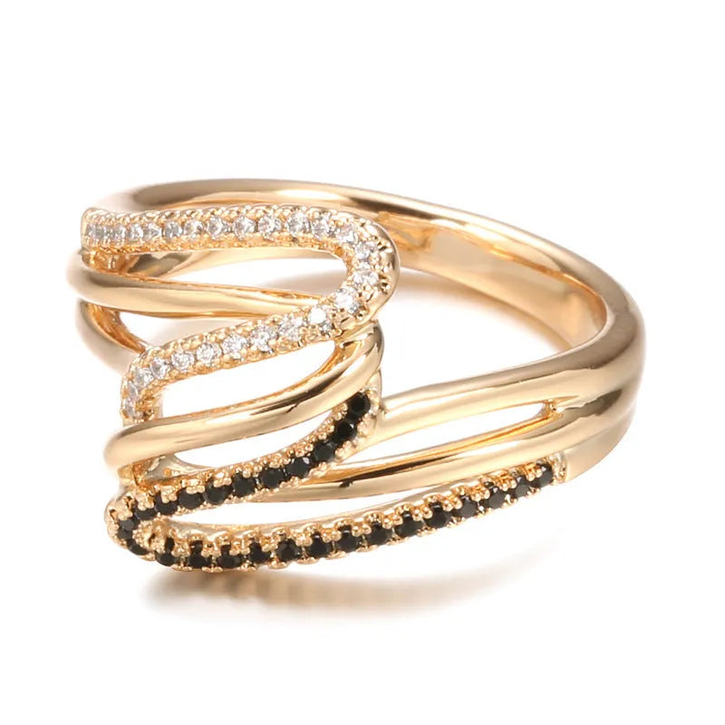 Women's micro-inlaid zircon ring in electroplated copper with WK2230 colour, showing detailed stone arrangement