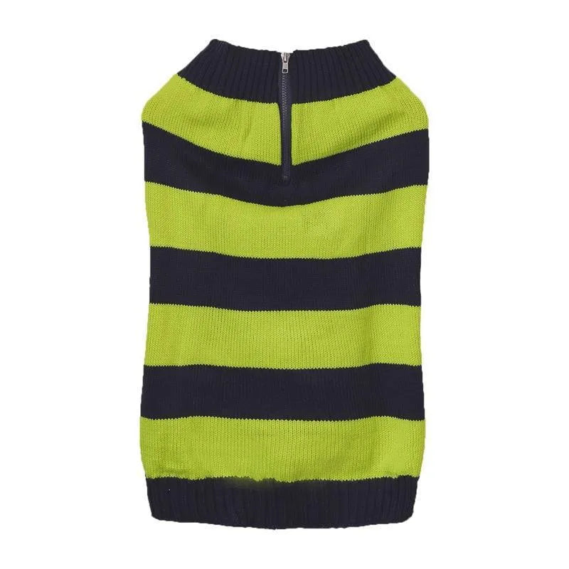 Blue dog sweater with horizontal zipper, side pocket, and contrast trim on a small dog.