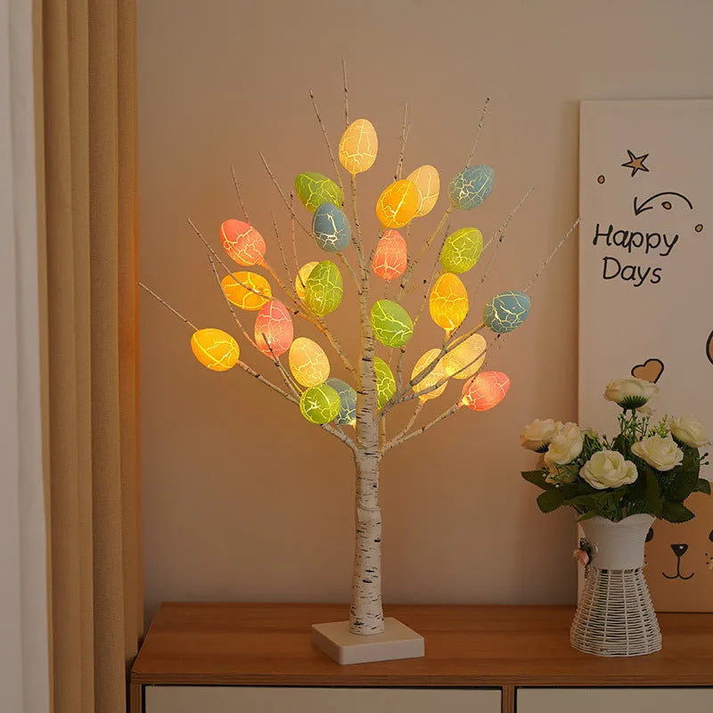 White LED birch tree with black bark markings and cracked egg ornaments, 60cm tall with adjustable branches
