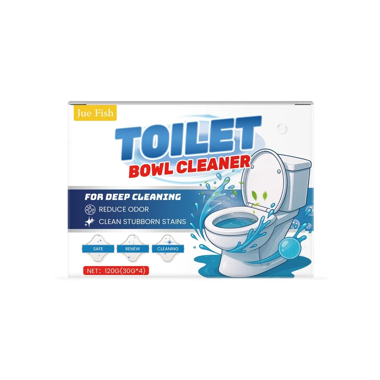 Toilet cleaning powder pack with four individual sachets for stain and odour removal.