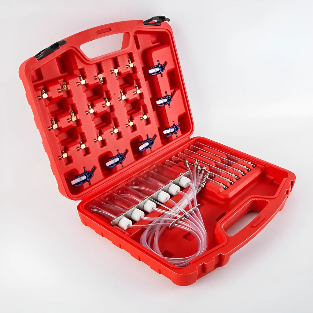 Brass and plastic fuel injection flow meter diagnostic tool for automotive fuel system testing