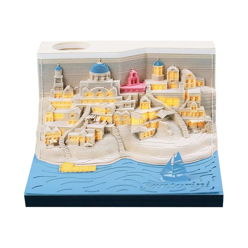Santorini 3D paper carving notepad building model with lighting decoration showing beach scene design