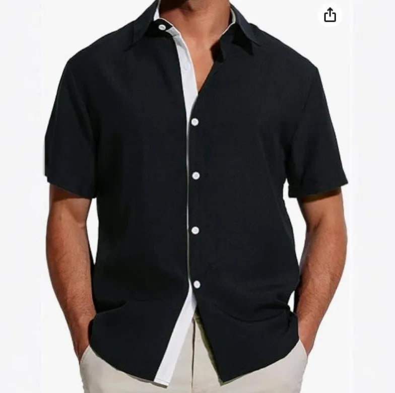 Men's short-sleeved floral print shirt in lightweight polyester fabric on a hanger.