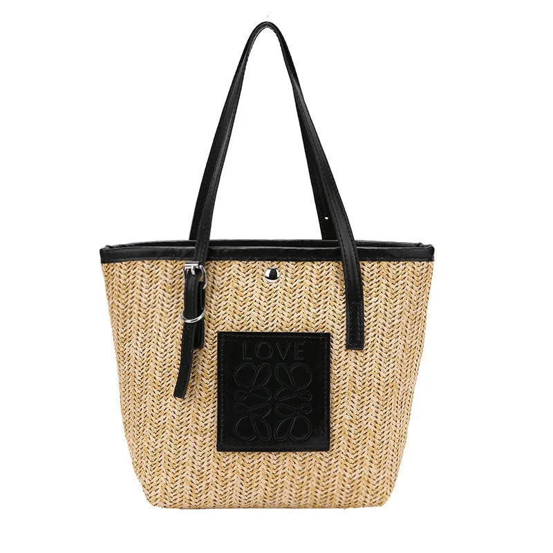 Straw woven large capacity shoulder bag with PU trim and retro styling
