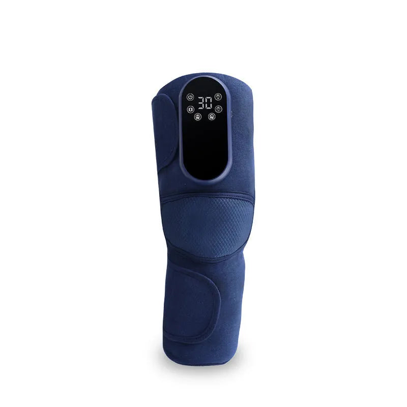 Airbag blue self-heating knee massager with adjustable wrap showing air pressure chambers