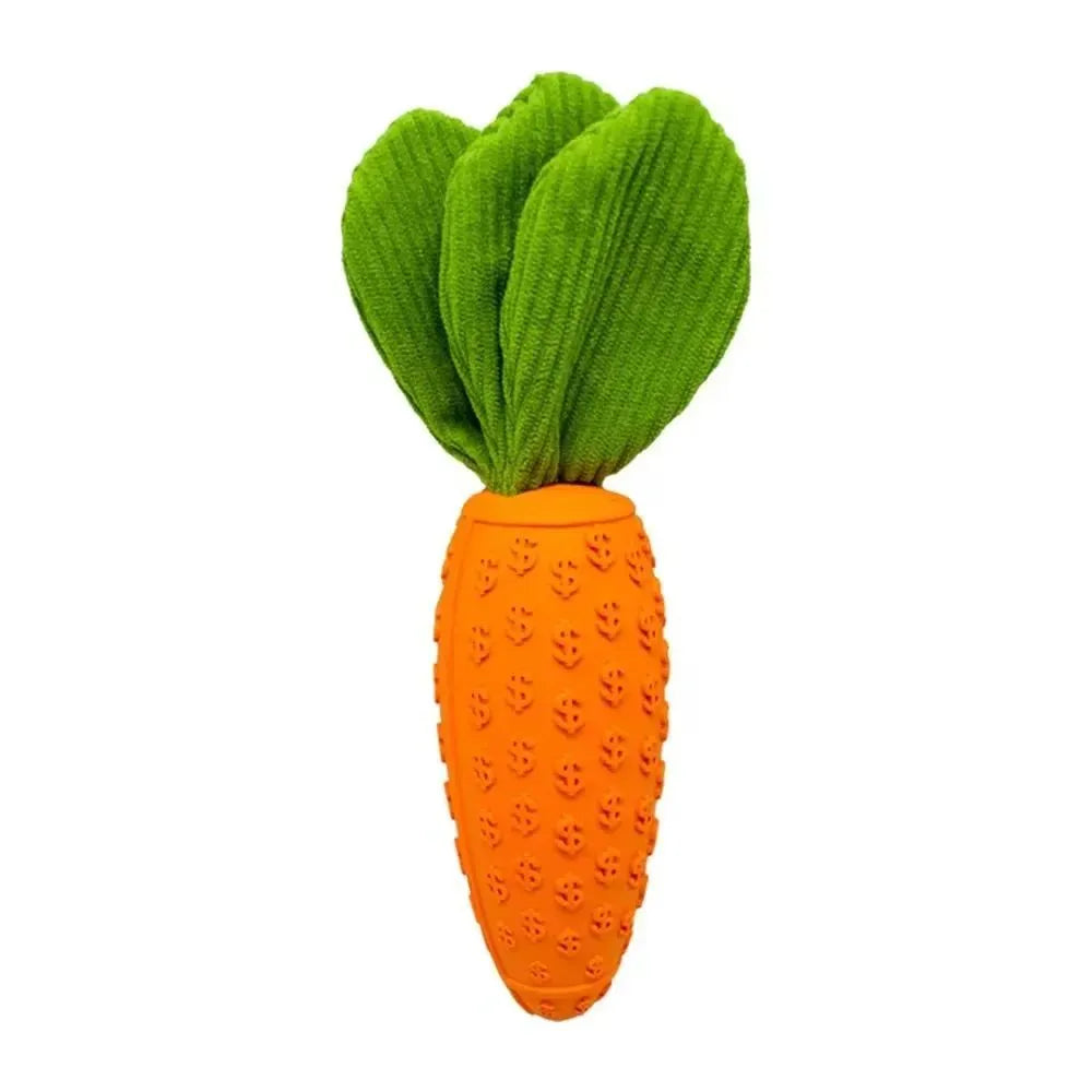 Orange carrot-shaped dog chew toy made of rubber and plush, measuring 21x5x5cm with a squeaker