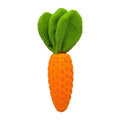 Orange carrot-shaped dog chew toy made of rubber and plush, measuring 21x5x5cm with a squeaker