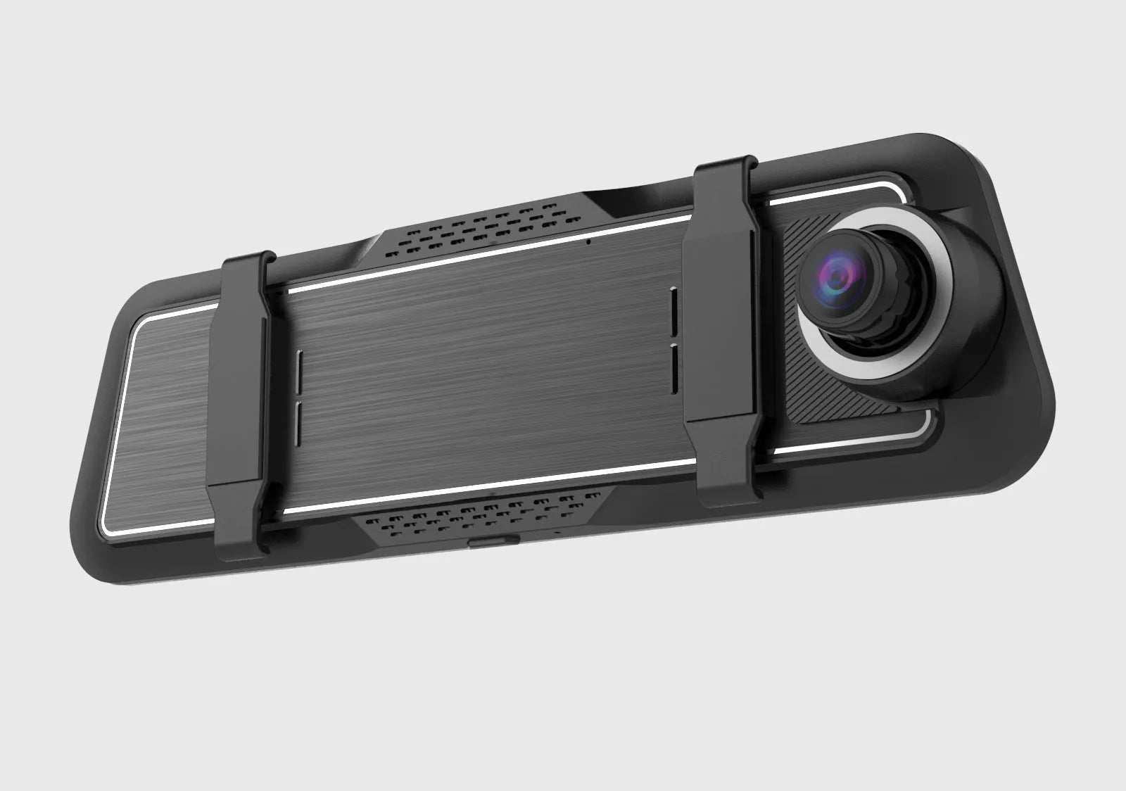 Black dual-lens dashboard camera with 9.66-inch screen mounted on car windshield.