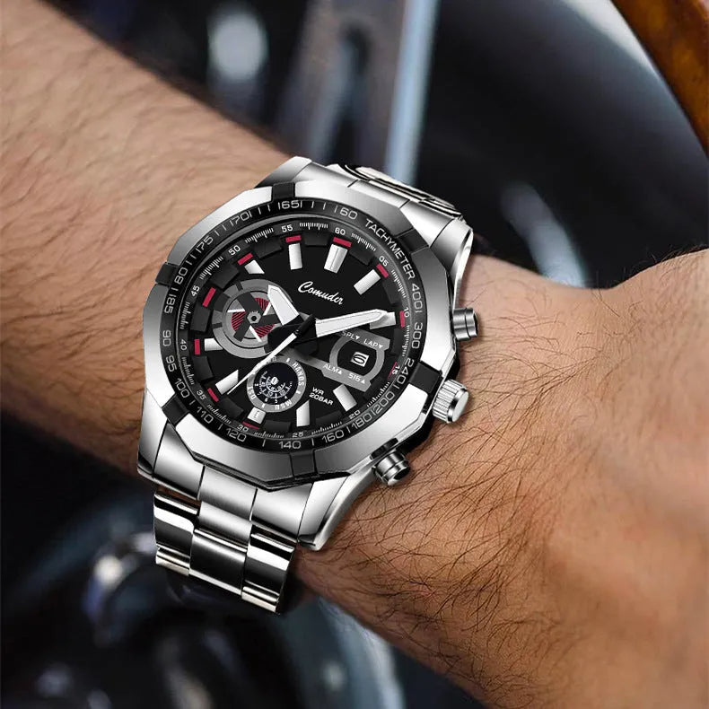 Men's large dial waterproof luminous sports watch, 10mm thick, silver steel or black leather strap, blue red or black face