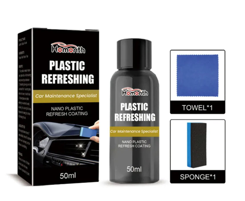 Nano Plastic Refresh Coating kit with bottle, sponge, and towel for plastic surface restoration.