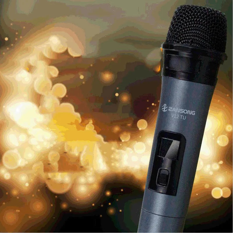Black ZANSONG V12 wired dynamic handheld microphone with USB receiver and audio cable.