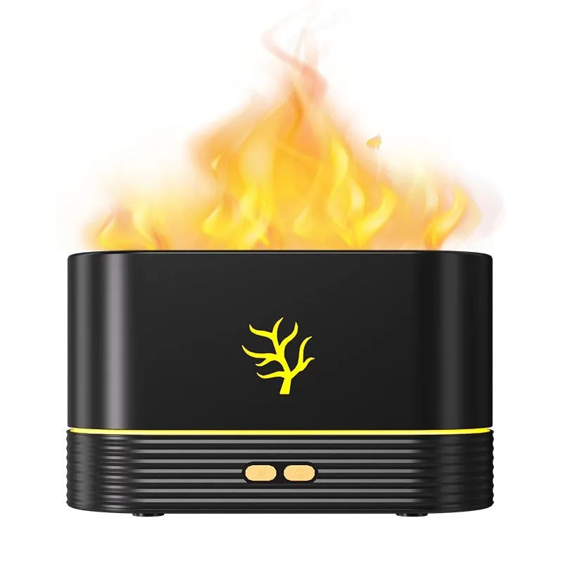 Square black or white USB flame humidifier and aroma diffuser with glowing LED fire effect.
