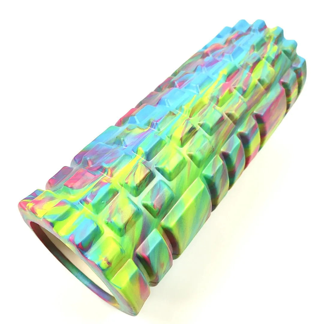 33cm camouflage pattern EVA foam roller in blue green yellow colour on a fitness mat.