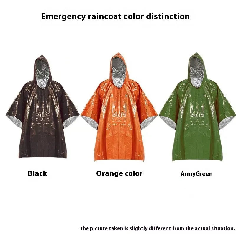 Marathon Wild adult rain poncho laid flat, shown in orange and army green colours, with dimensions 100cm by 130cm.