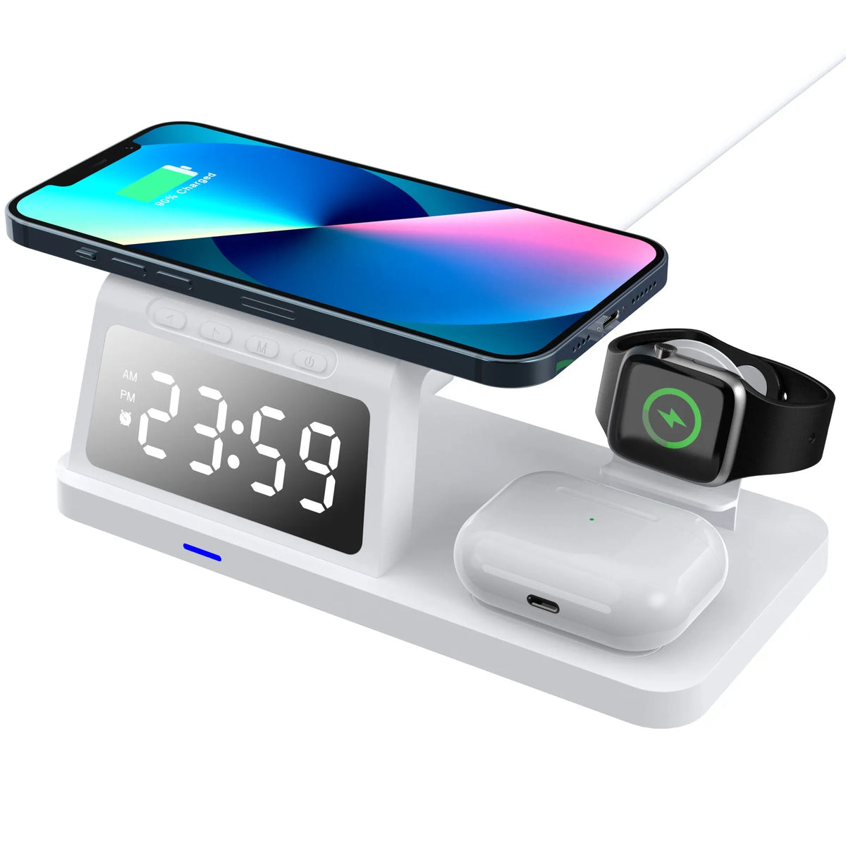 Four-in-one clock wireless charger in white or black with 15W output, QC3.0, and Type-C interface, model HT506