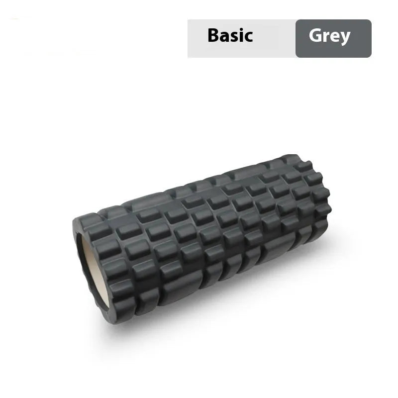 A firm EVA foam roller for fitness and yoga, shown in a selection of colours including black, pink, and sky blue.