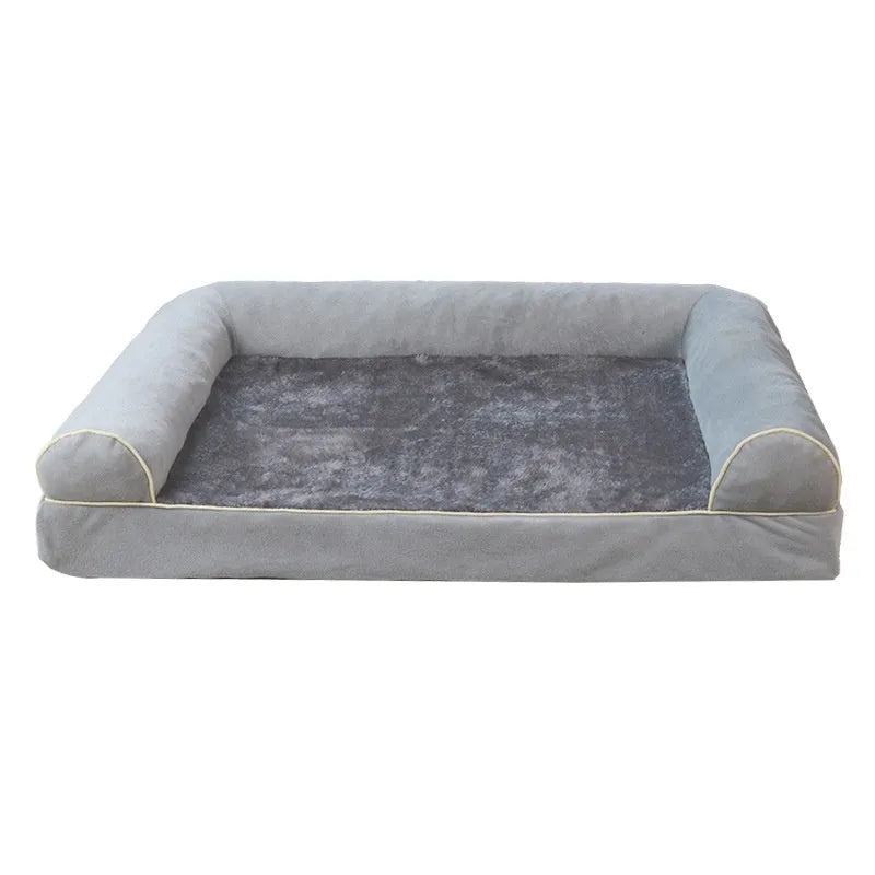 Square dark grey dog bed with raised sponge sides on a wooden floor, showing breathable cloth texture.
