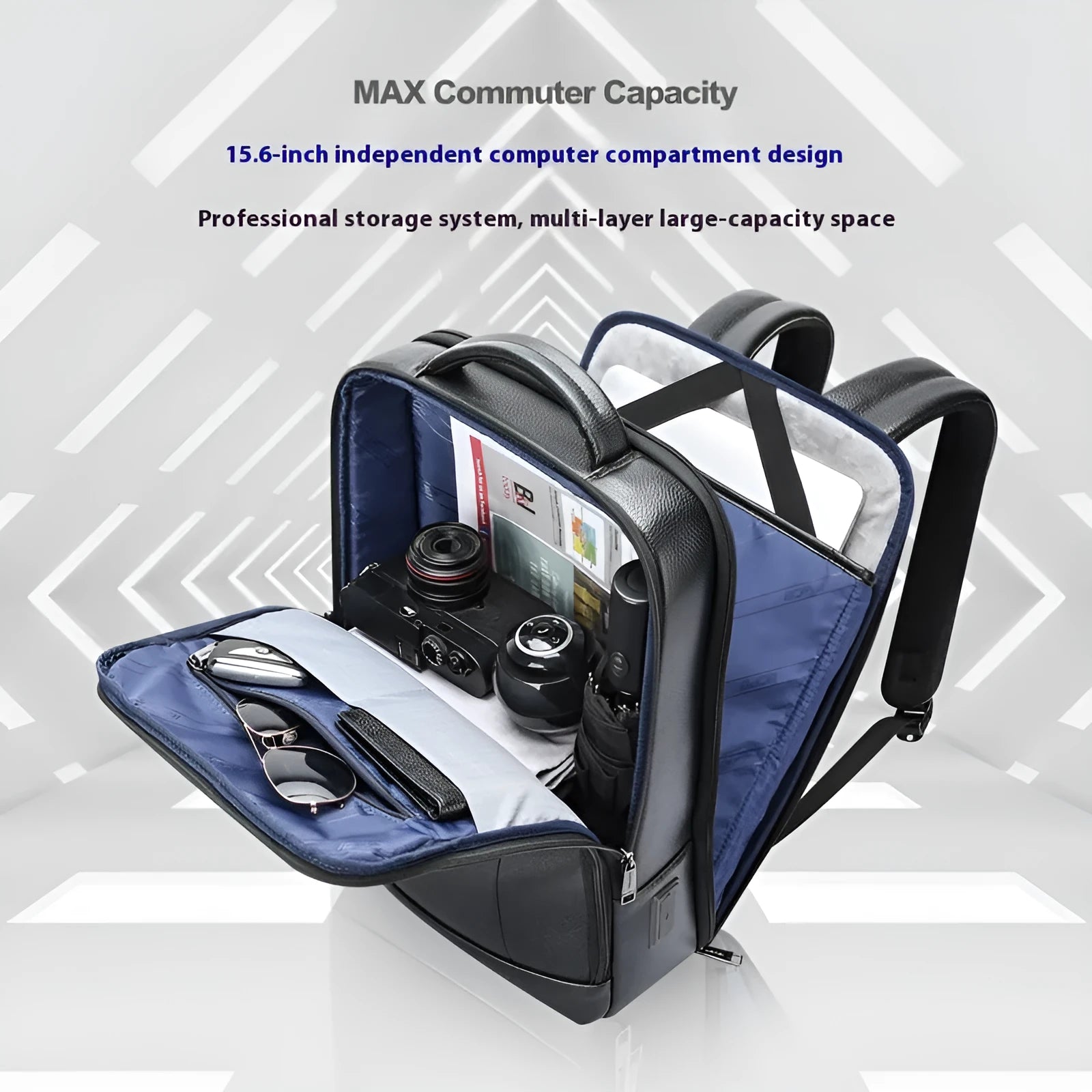 Black genuine leather business backpack with USB charging port and decorative stitching