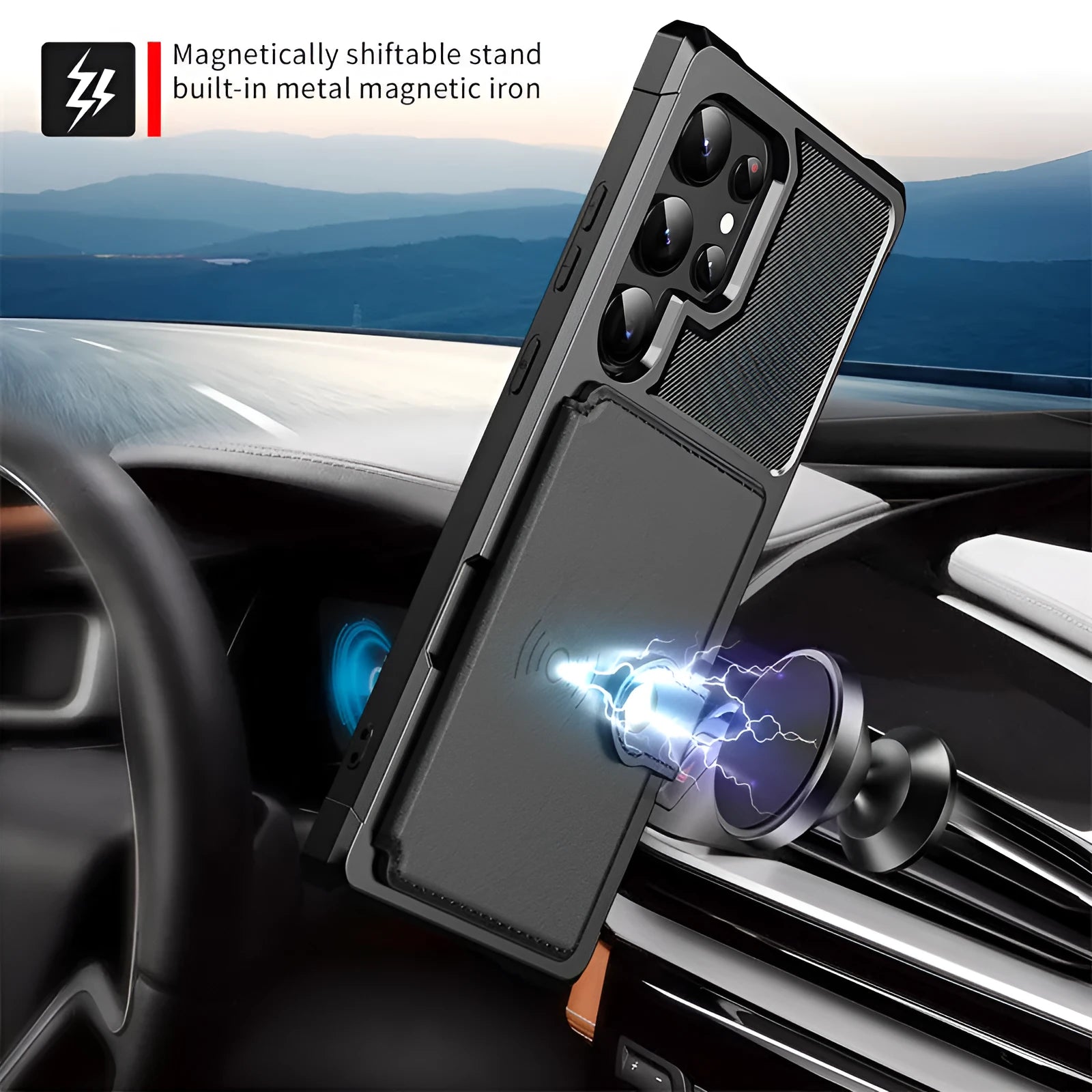 Card-inserting TPU PC protective back cover for Samsung S23 phone case in black