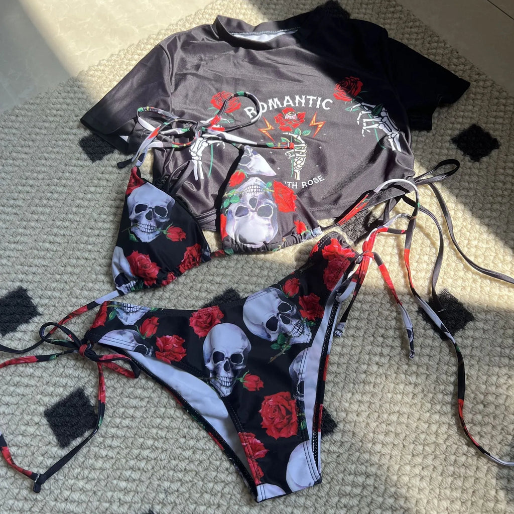 Women's skull rose printed three-piece swimsuit set in red colour with polyester spandex construction