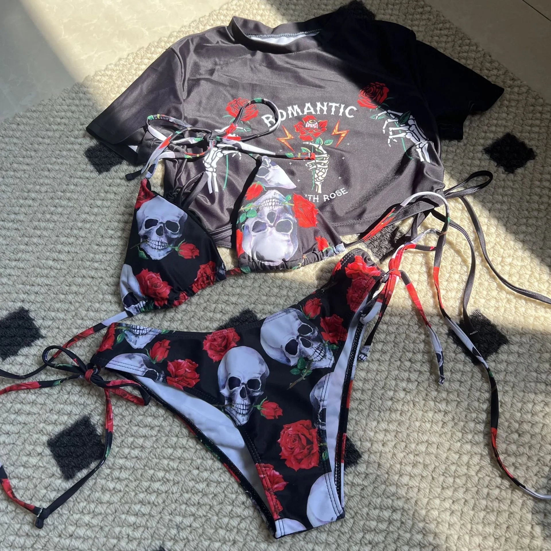 Women's skull rose printed three-piece swimsuit set in red colour with polyester spandex construction