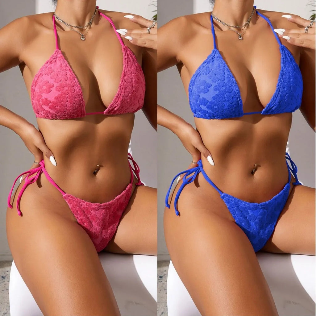 Rose red women's bikini swimsuit showing a three-point lace-up back detail on a mannequin.