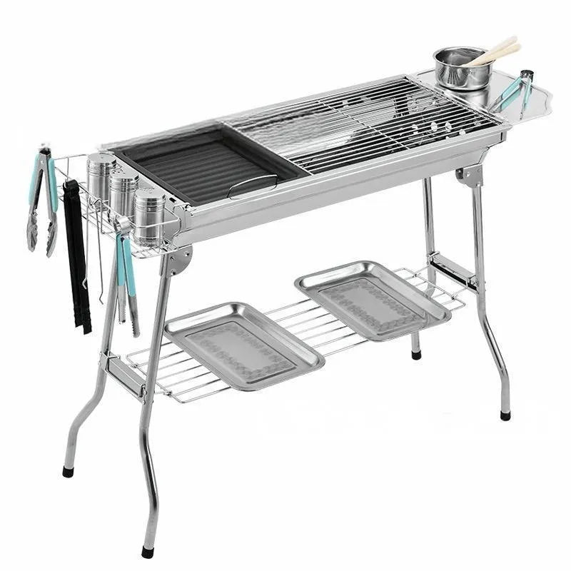 Stainless steel large turnover charcoal barbecue oven with iron grills and safety net.