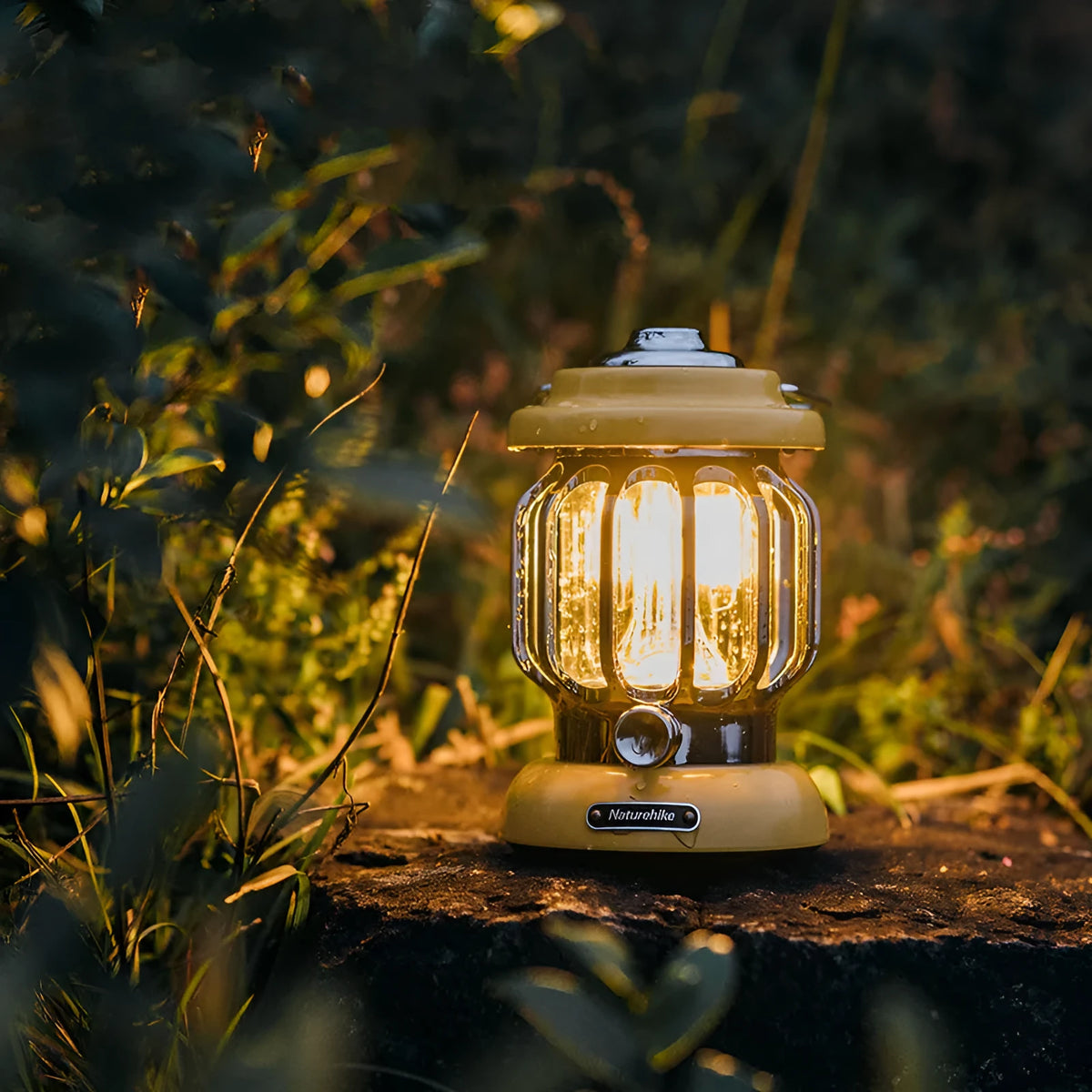 Sundial Yellow portable LED camping lantern with 5000mAh battery, Type-C charging, and dimmable 0-130Lm light output