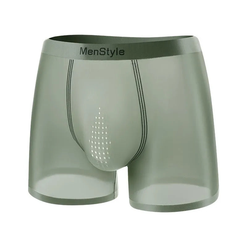 Men's seamless satin ice silk nylon boxers in mid waist cut, showing single-layer crotch detail.