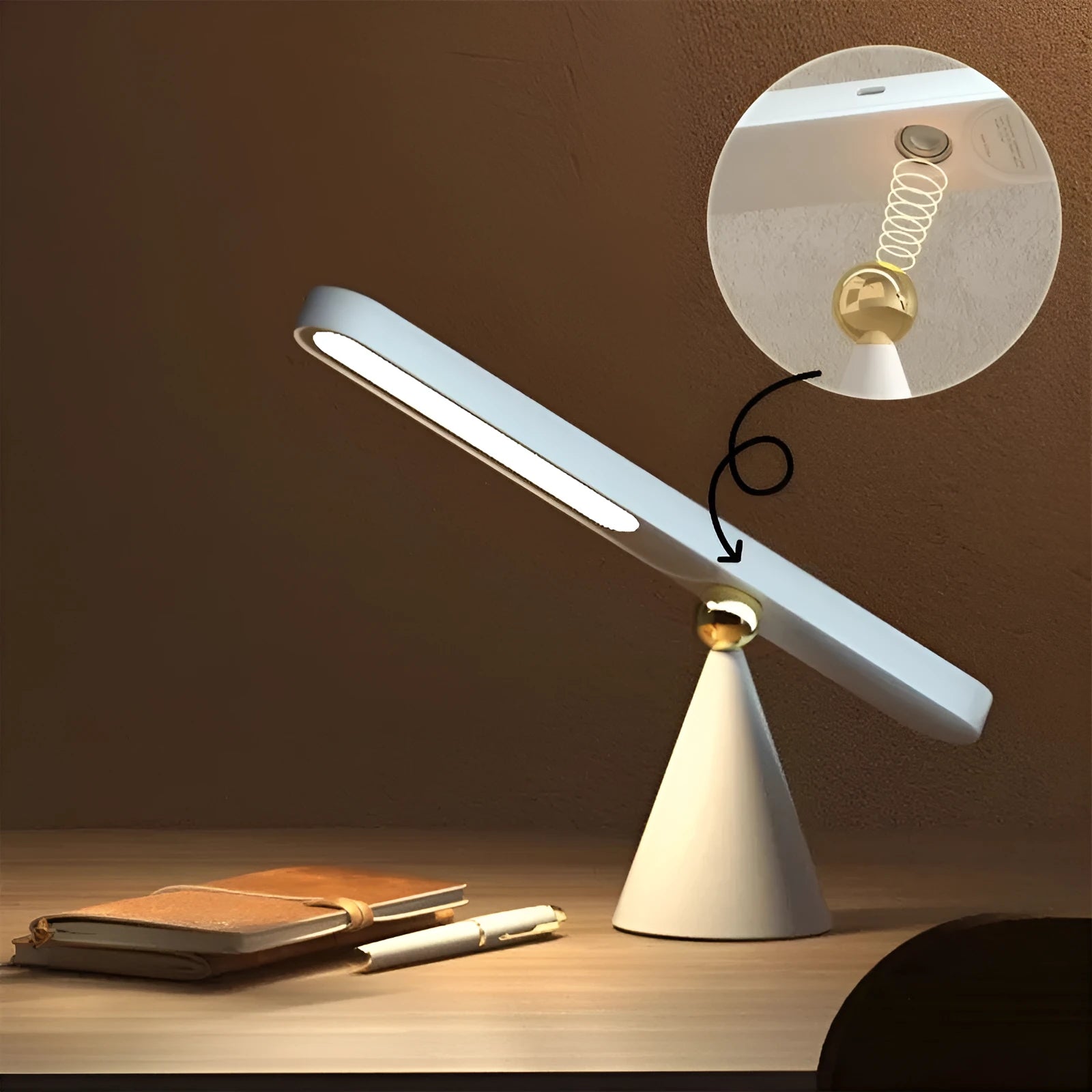 Geometric white desk lamp with magnetic base and touch controls for reading and ambient lighting