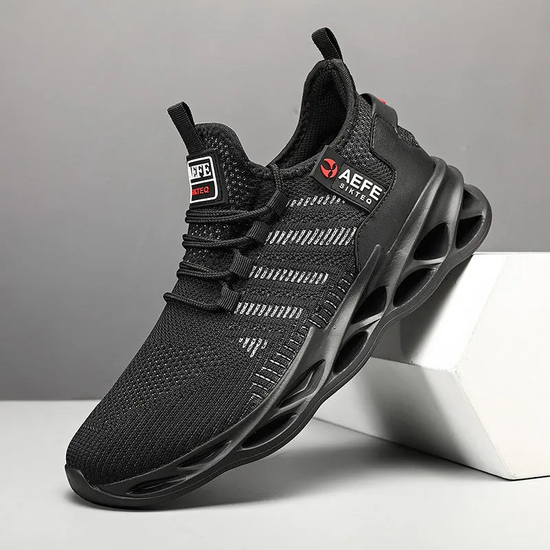 Men's black Korean style casual running shoes with mesh upper and cross strap details